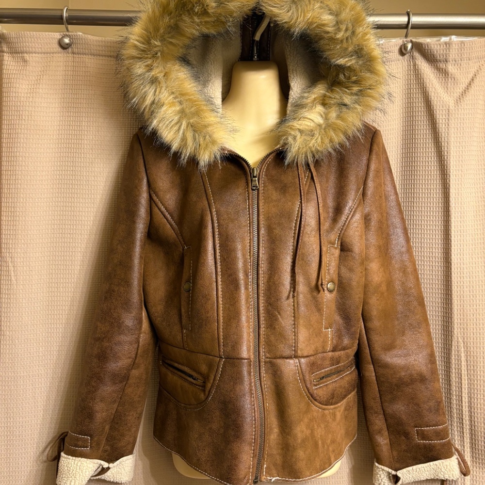 Guess Jacket Brown Fur Hoodie Coat Women's L